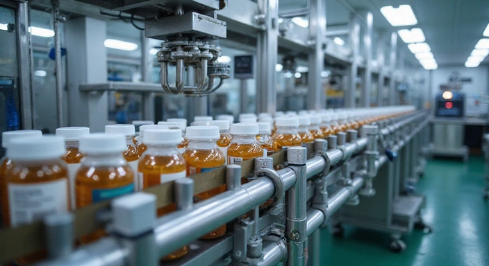 Línea de producción automatizada en una fábrica limpia y moderna, con botellas de suplementos siendo llenadas y selladas, reflejando eficiencia y control.